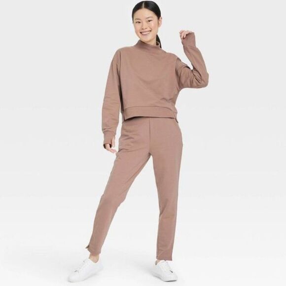 All in Motion Women's High-Rise French Terry Butter Wash Tapered Pants Taupe - Picture 1 of 7